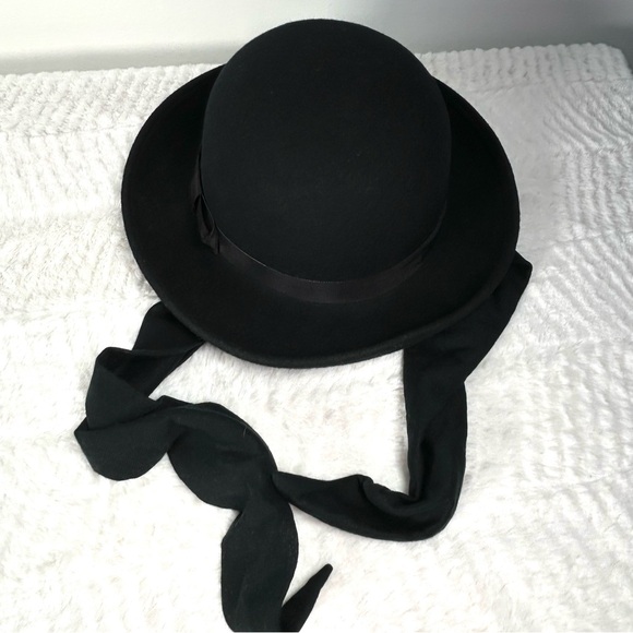 Vintage Wool Felt Black Bowler Hat With Ties NWOT - Picture 6 of 7